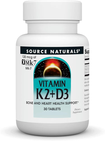 Source Naturals Vitamin K2 + D3 Bone & Heart Health Complex - With Vitamin D3, Vitamin K2 (Mk-7) And Calcium - 30 Tablets