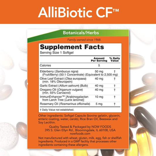 NOW Supplements, AlliBiotic CF?, with Garlic Extract, Olive Leaf Extract, Elderberry & Oregano, Non-Drowsy Formula, 60 Softgels