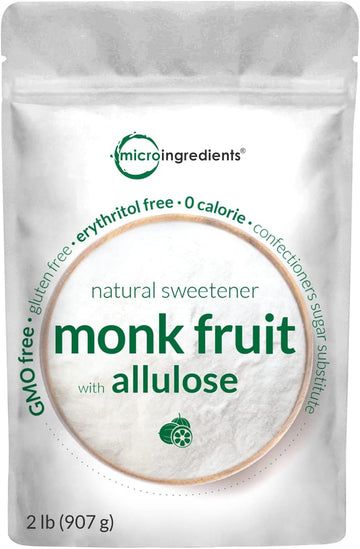 Monk Fruit Sweetener With Allulose, 2 Lbs | No Erythritol | No Aftertaste, 1:1 White Sugar Substitute, Keto & Vegan Friendly, Zero Calorie | Great For Drinks, Coffee, Tea, Cookies | Non-Gmo