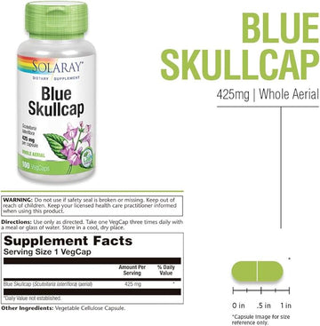 Solaray Blue Skullcap 425mg | Whole Aerial | Healthy Mood and Normal GABA Activity Support | Vegan | 100 VegCaps