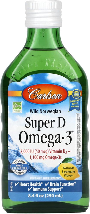 Carlson - Super D Omega-3, Wild-Caught Norwegian Arctic Cod Liver Oil, 2000 IU (50 mcg) Vitamin D3, 1100 mg Omega-3s, Sustainably Sourced Nordic Fish Oil Liq, Lemon, 250 ml