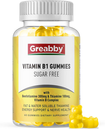 Vitamin B1 Gummies - Benfotiamine 300Mg & Thiamine 100Mg, Sugar-Free, Vitamin B Complex Gummies, Energy Boost & Nervous System Health For Women Men Adults, 60 Gummies