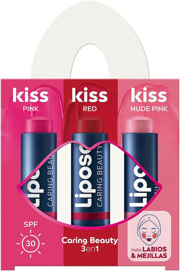 Liposan Caring Beauty 3-In-1 Lip Balm, Combines Lip Balm And Blush Stick In 3 Tones (Red, Pink And Pink Nude), 3-In-1 Stick Lip Balm (3 X 4.8 G)