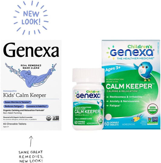 Genexa Kid's Calm Keeper Stress Relief for Kids | Reduces Fatigue & Eases Tension | Soothing Natural Vanilla & Lavender Flavor | Certified Vegan, Gluten Free, & Non-GMO | 60 Chewable Tablets