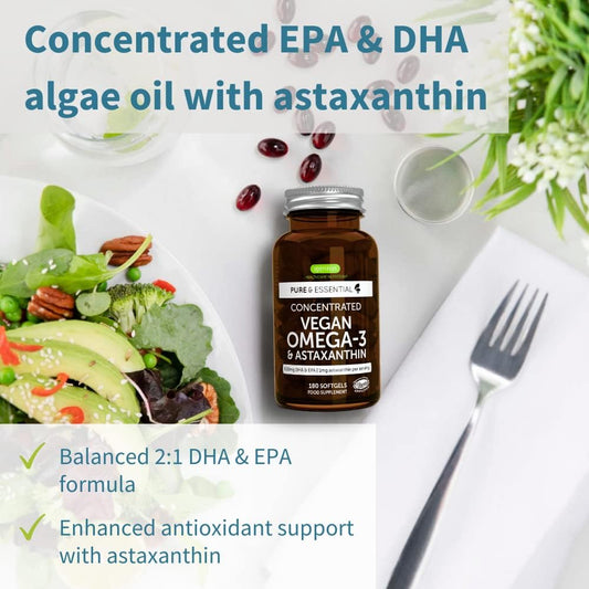 Pure & Essential Vegan Omega 3 & Astaxanthin, High Concentration EPA D