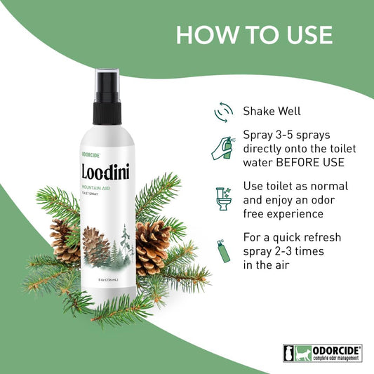 Odorcide Loo-Dini Mountain Air 8oz Toilet Spray & Bathroom Spray – Use This Bathroom Spray Odor Eliminator Before You Go – Poop Spray For Toilet and Bathroom Air Freshener & Bathroom Deodorizer