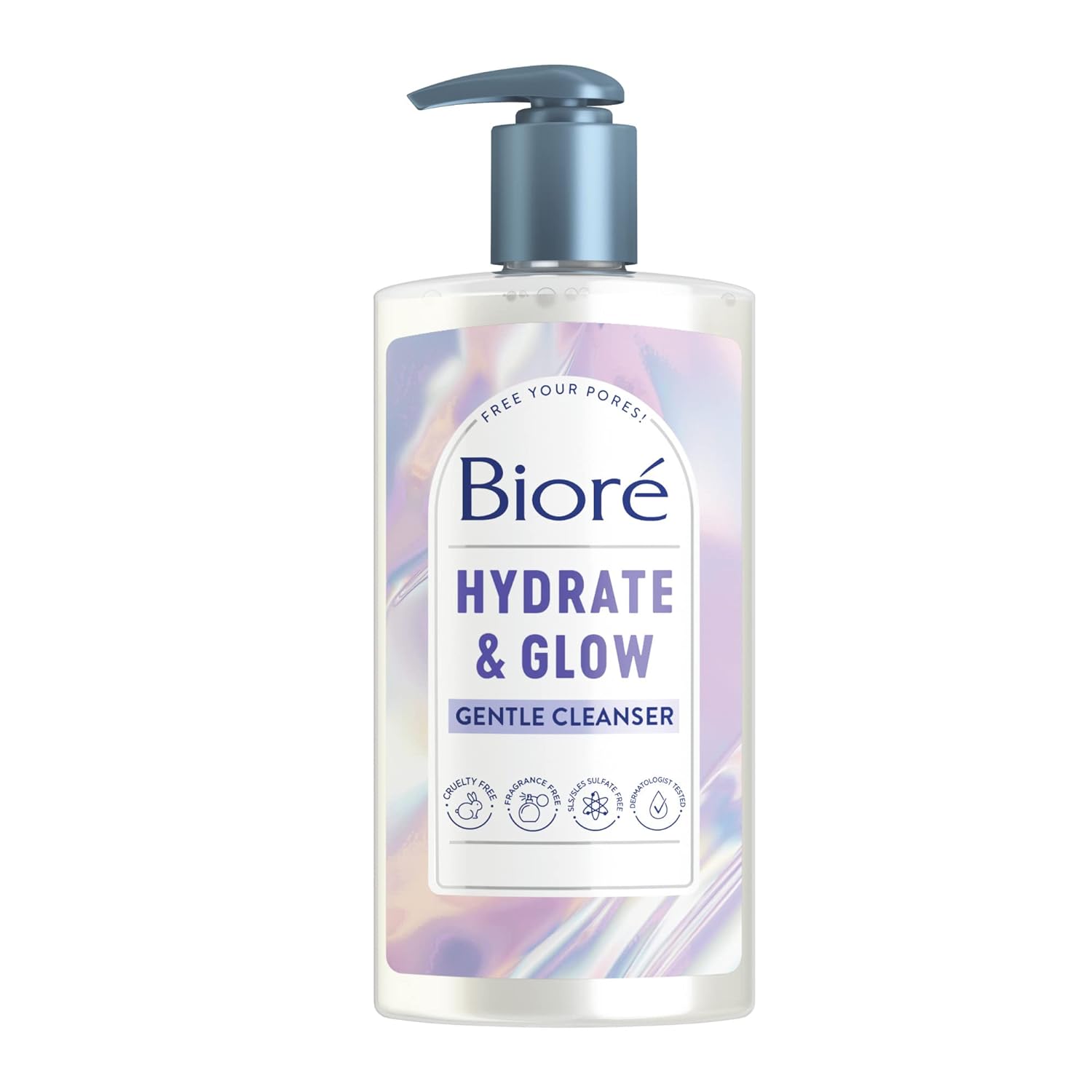 Biore Hydrate & Glow Gentle Face Wash for Dry Skin, Sensitive Skin, Dermatologist Tested, Fragrance Free, SLS/SLES Sulfate Free Facial Cleanser, Cruelty Free & Vegan Friendly 6.77 Oz Bottle