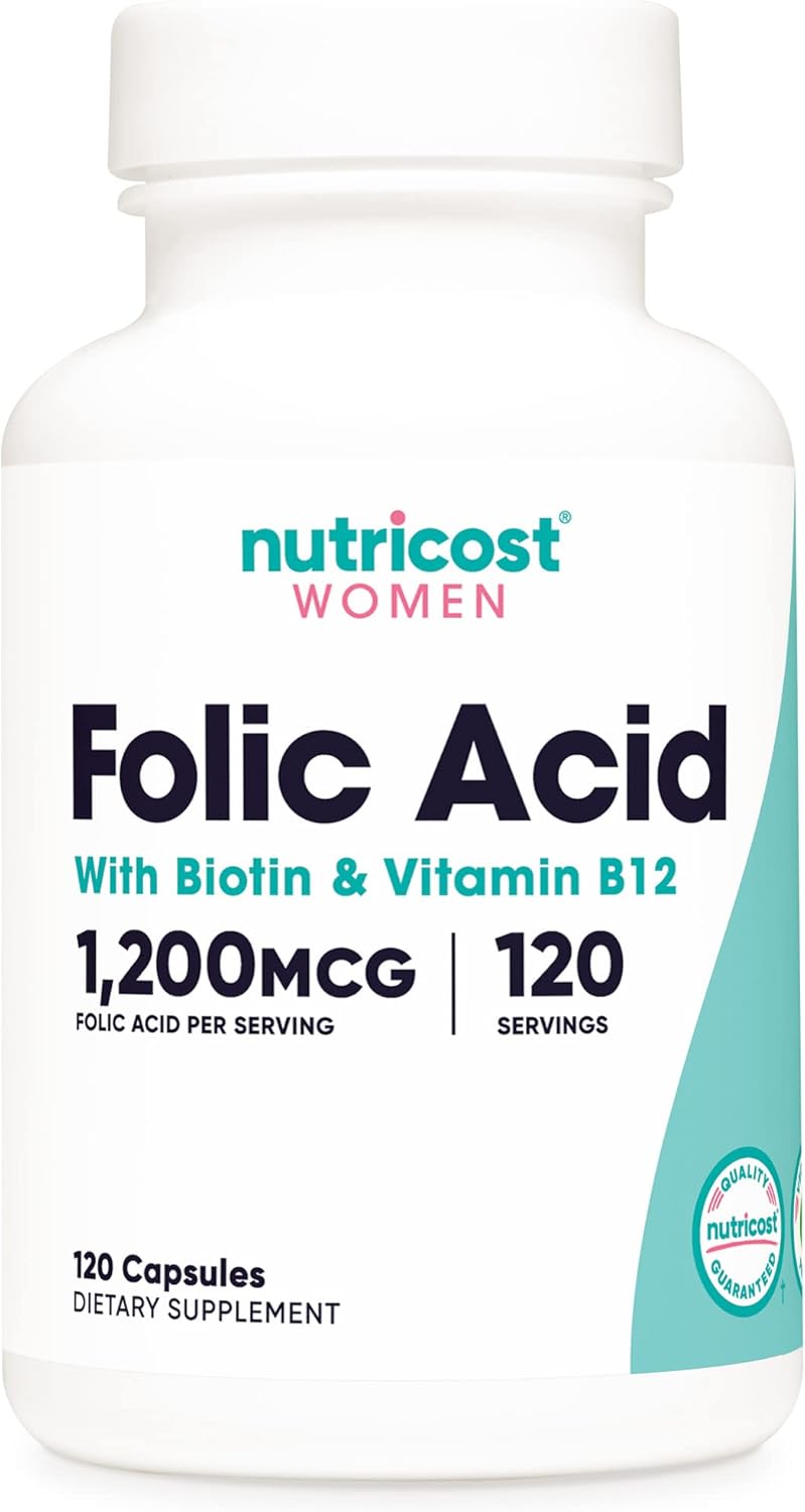 Nutricost Folic Acid for Women (Vitamin B9) 1200 mcg, 120 Capsules, with B12 and Biotin, Veggie Caps, Non-GMO & Gluten Free