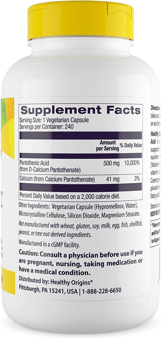 Healthy Origins Pantothenic Acid, 500 mg - Pantothenic Acid Supplement - Supports Energy Metabolism - Pantothenic Acid Supplement with Calcium - Non-GMO & Gluten-Free Supplement - 240 Veggie Capsules