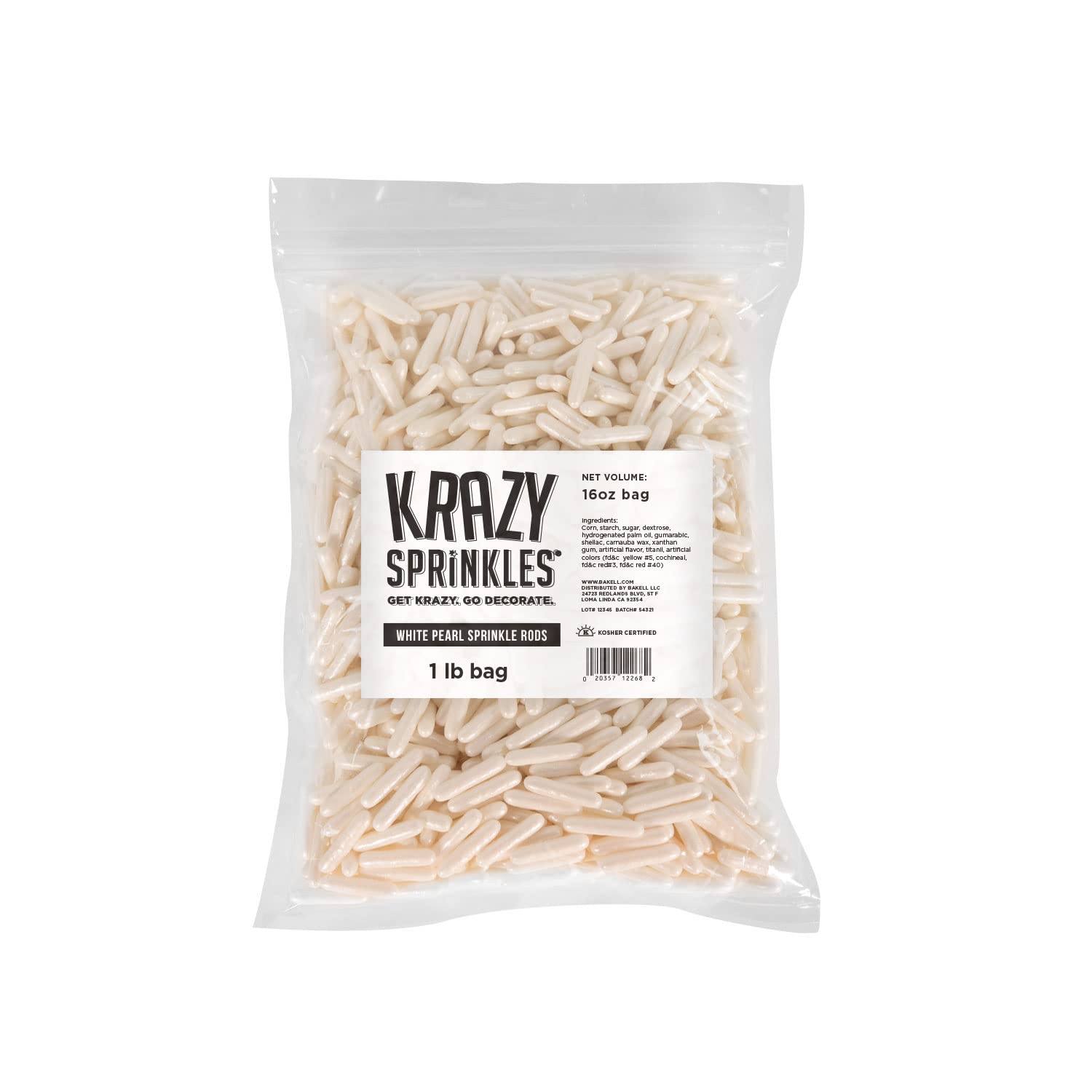 Bakell® White Pearl Rod Sprinkles | 100% Food Grade Edible Sprinkles By Krazy Sprinkles® | Gluten-Free, Nut-Free | Cakes, Cake Pops, Brownies, Baking (114G (1/2 Cup)) (454G (1 Lb))