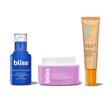 Bliss Renew & Smooth Night Serum- Aha Glycolic + Polyhydroxy Acid +Rest Assured ™ Eye Cream With Vitamin C & Caffeine + Youth Got This And Pure Retinol Deep Hydration Moisturiser