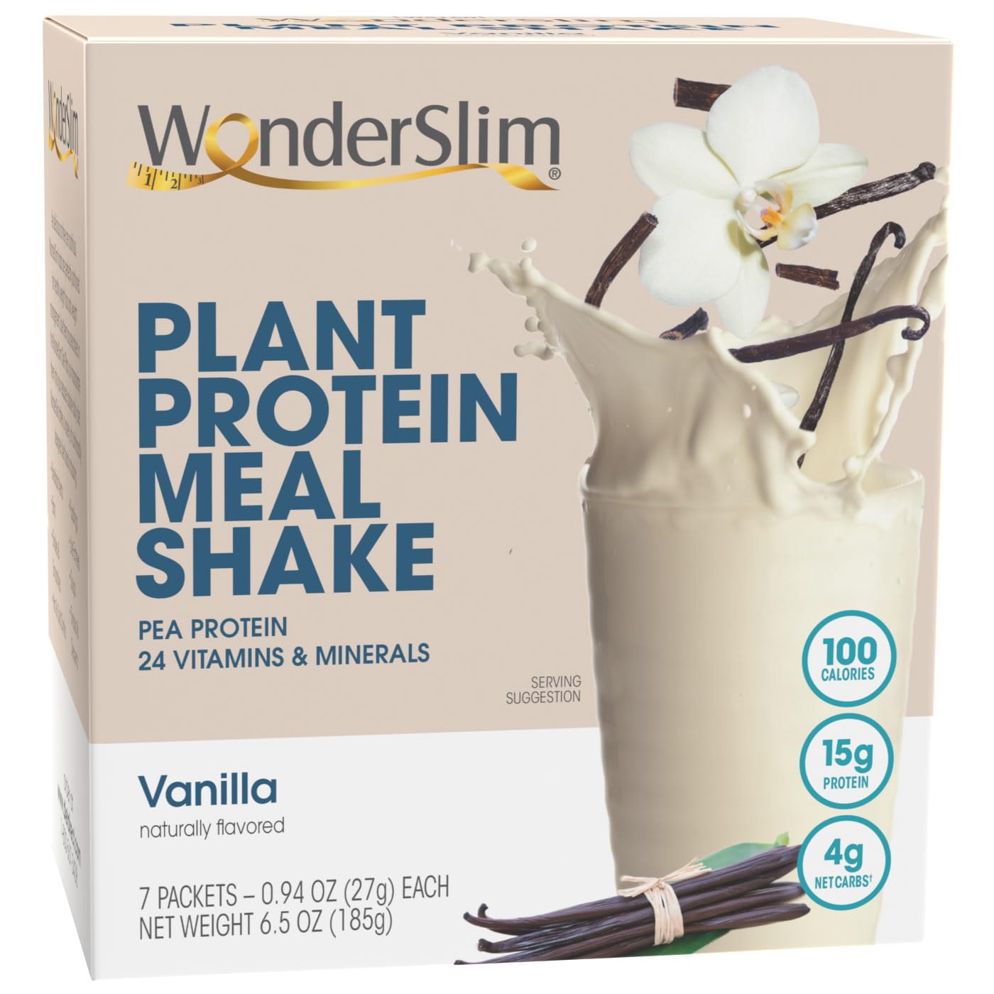 Wonderslim Plant Based Meal Replacement Shake, Vanilla, 15G Protein, Keto Friendly & Low Carb, Low Sugar, Gluten, Soy, & Dairy Free (7Ct)