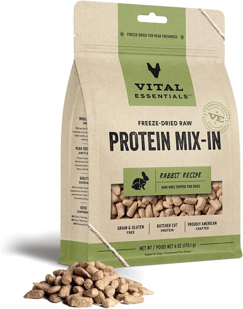 Vital Essentials Freeze Dried Raw Protein Mix-In Dog Food Topper, Rabbit Mini Nibs Topper For Dogs, 6 Oz