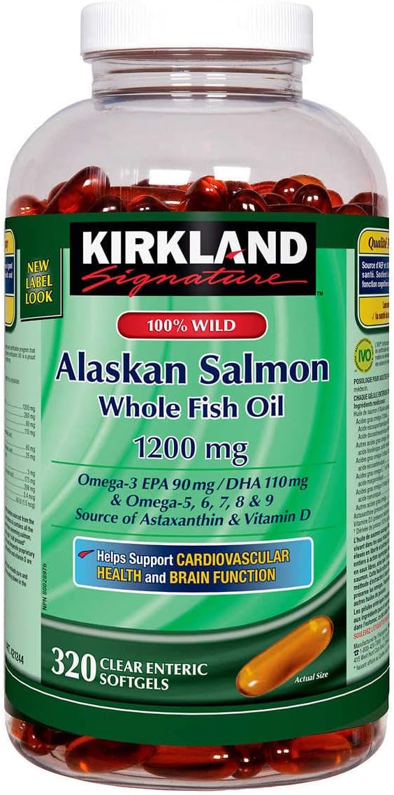 Kirkland Signature 100% Wild Alaskan Salmon Oil 90 EPA 110 DHA 1200mg - 320 Enteric Coated Softgels