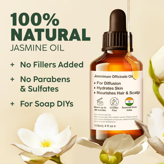 Kukka Jasmine Essential Oil For Diffuser - 4 Fl Oz - 100% Natural Aromatherapy Essential Oils Jasmine Oil For Skin Care Candle And Soap Making Scent & Diy