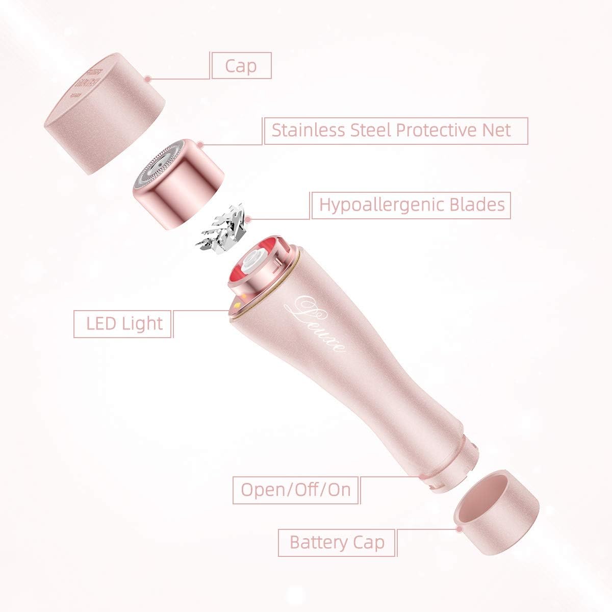 Facial Hair Remover For Women, Leuxe Painless Hair Removal Waterproof Shaver Razor With Led Light For Peach Fuzz Fine Hair Chin Cheek Upper Lip (Rose) : Beauty & Personal Care