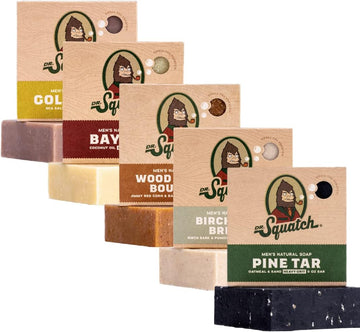 Dr. Squatch All Natural Soap Bar For Men, 5 Bar Variety Pack - Bay Rum, Birchwood Breeze, Gold Moss, Pine Tar, Wood Barrel Bourbon