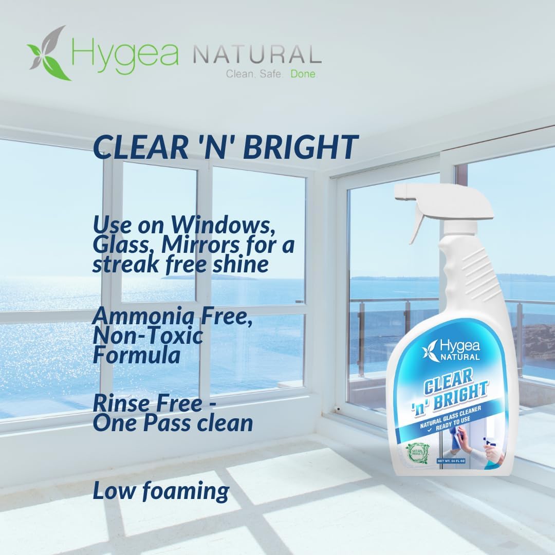 Hygea Natural Clear 'n' Bright - Glass Cleaner Spray - Streak-Free & Ammonia-Free Window Cleaning - Eyeglass, Window & Mirrors Cleaning Supplies - Safe & Fast with Natural Ingredients (24 oz Spray) : Health & Household
