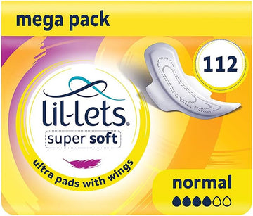 Lil-Lets Super Soft Ultra Sanitary Pads Normal x Ultra Soft Pads with Wings 8 Packs of 14 Pads, Unscented, 112 Count