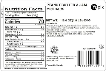 Yupik Peanut Butter & Jam Mini Bar, 1 lb, Individually Wrapped, Healthy Snack, Nut Bars, Crunch Bars, Gluten-Free with Peanut, Honey, Raisin, Cranberrie, Peanut, Almond, Apricot