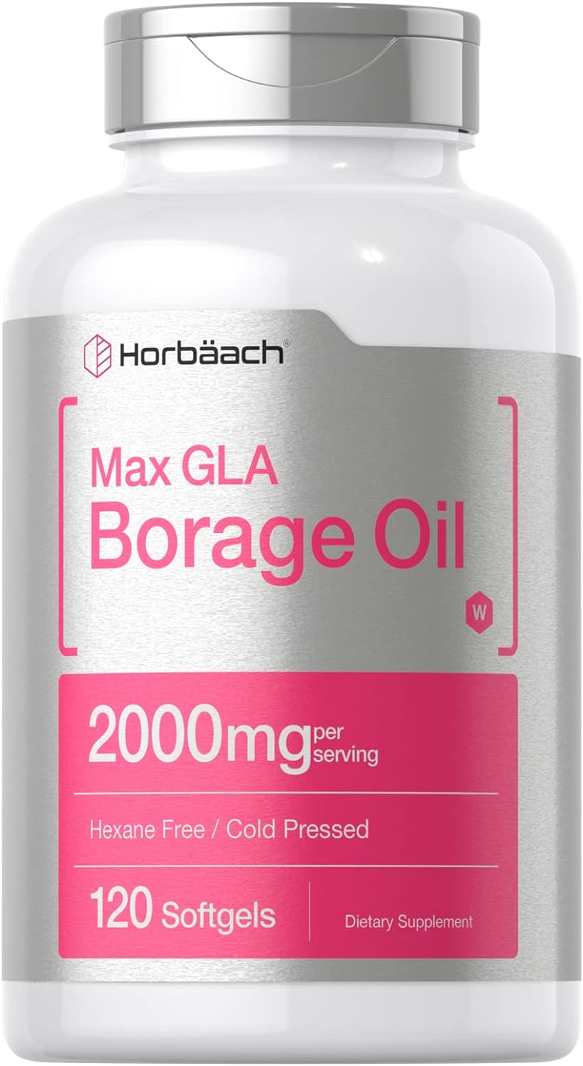 Horbäach Borage Oil Capsules 2000 mg | 120 Softgels | 320mg of GLA | Cold Pressed Seed Oil Supplement