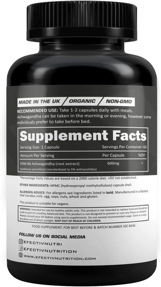Efectiv Ksm-66 Ashwagandha Capsules With 5% Withanolides - 600Mg Stress Relief & Anxiety Supplement - Non-Gmo & Uk Made - Supports Muscle Recovery & Cognitive Function - 60 Capsules
