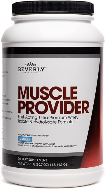 Beverly International Muscle Provider, 30 Servings, Vanilla. Super-Fast-Absorbing Whey Protein Powder For Recovery, Lean Muscle. Fills Your Muscles, Not Your Stomach. Tastes Like Ice Cream!