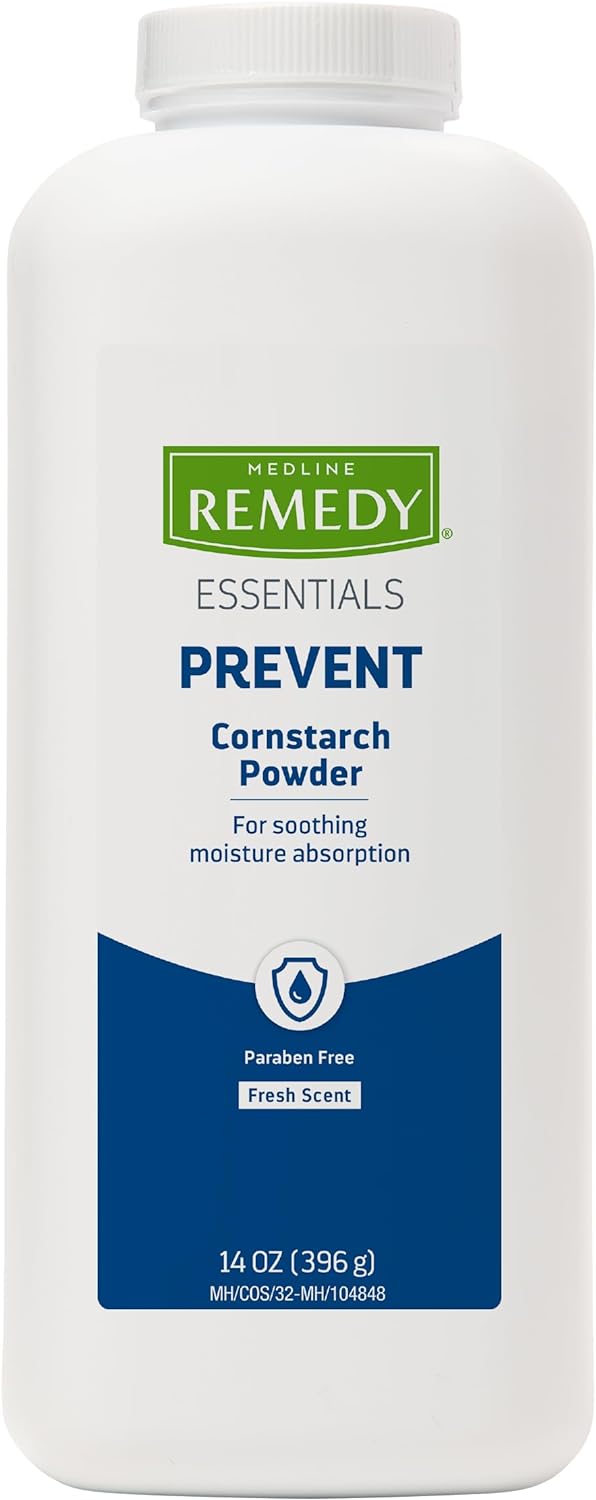 Medline Remedy Essentials Cornstarch Powder (14 oz Bottle), Fresh Scent, Talc Free, Shaker Top, Skin Care, Absorbs Sweat, Soothes, Reduces Friction & Chafing, For Adults, Feet, Groin