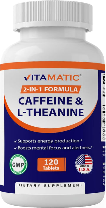 Vitamatic L-Theanine 200mg with Caffeine 100mg 120 Vegetarian Tablets - Nootropic Supplement for Focused Energy