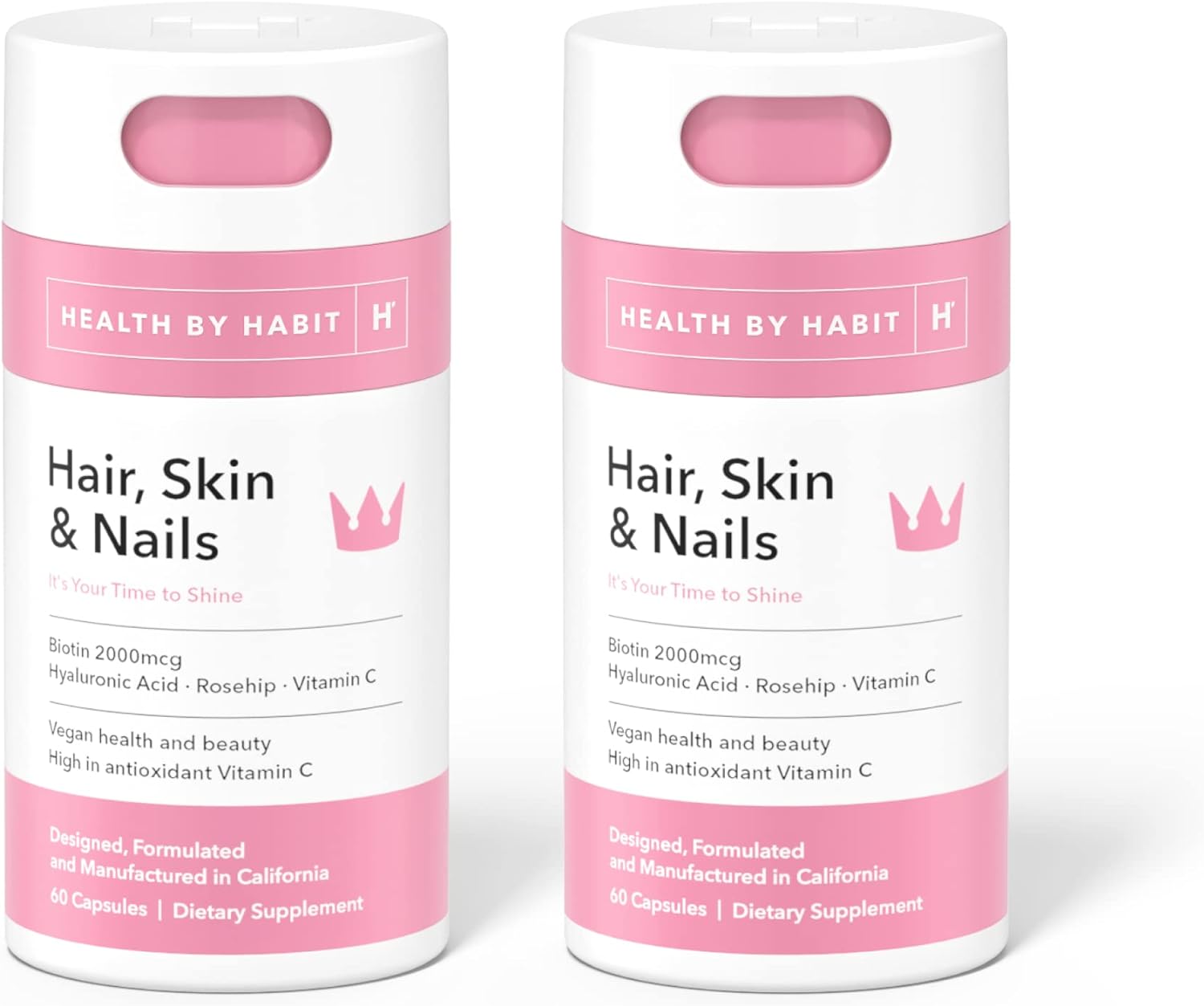 Health By Habit Hair, Skin and Nails Supplement 2 Pack (120 Capsules) - Biotin 2000mcg, Vitamin A, Vitamin B, Vitamin C, Hyaluronic Acid, Rosehip, and Alo Vera, Vegan, Non-GMO, Sugar Free (2 Pack)