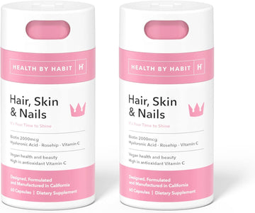 Health By Habit Hair, Skin and Nails Supplement 2 Pack (120 Capsules) - Biotin 2000mcg, Vitamin A, Vitamin B, Vitamin C, Hyaluronic Acid, Rosehip, and Alo Vera, Vegan, Non-GMO, Sugar Free (2 Pack)