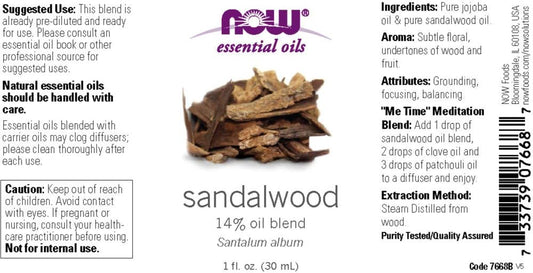 Now Essential Oils, Sandalwood Oil, 14% Blend Of Pure Sandalwood Oil In Pure Jojoba Oil, Grounding Essential Aromatherapy, Child Resistant Cap, 1-Ounce