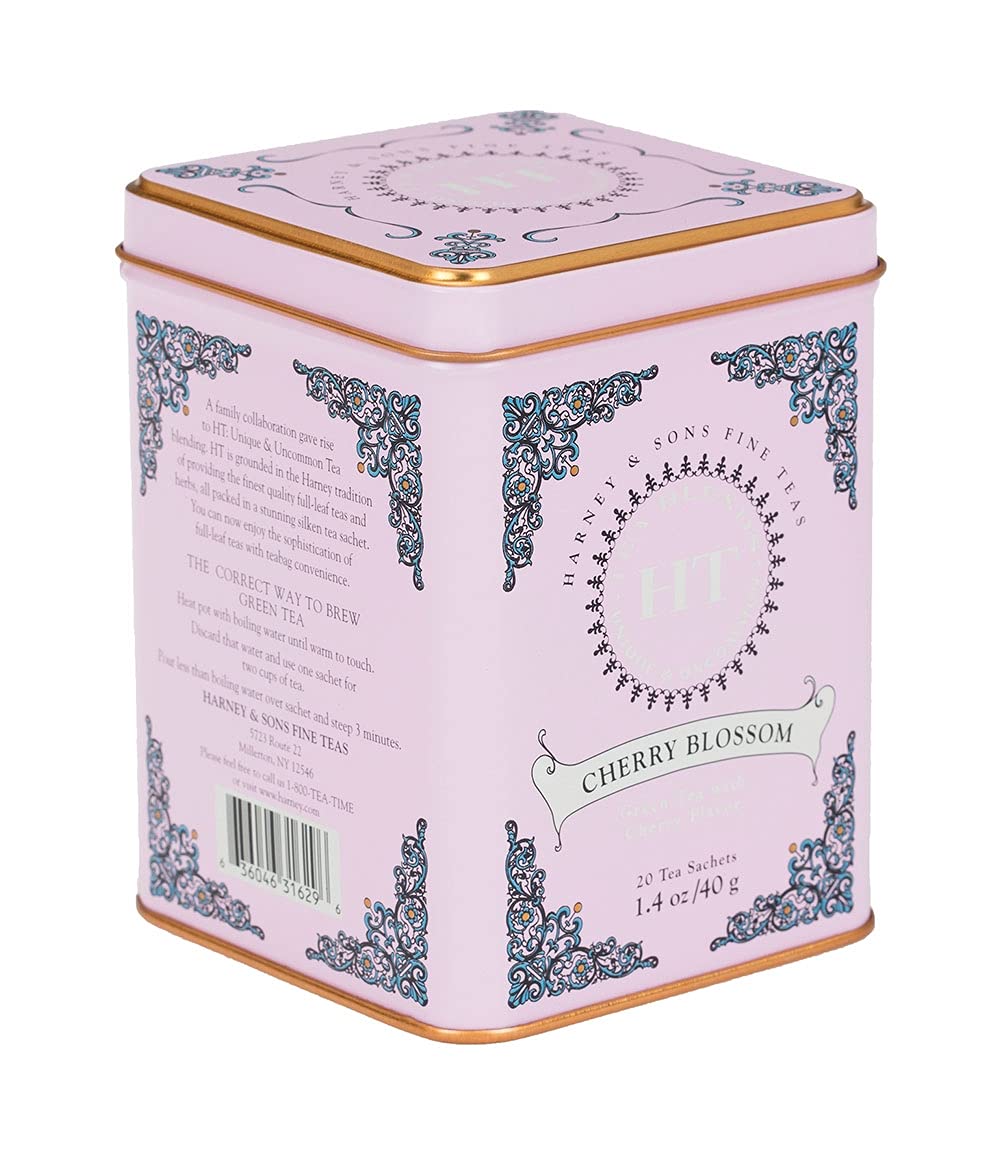 Harney & Sons Caffeinated Blossom Green Tea Tin Sachets Pink 31629, Cherry, 20 Count (Pack Of 1)