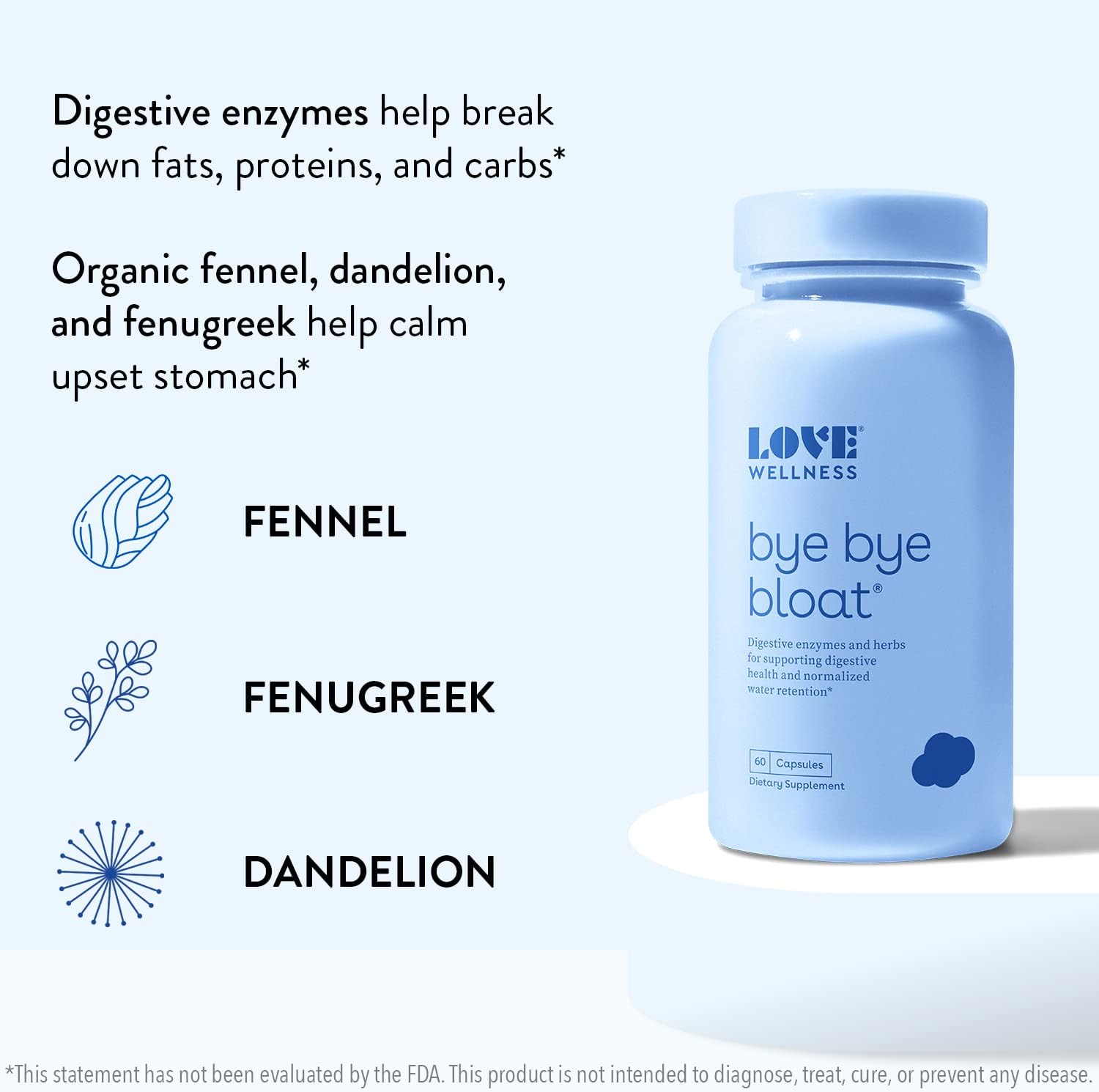 Love Wellness Bye Bye Bloat, Digestive Enzymes | Bloating Relief for Women | Helps Reduce Gas Relief & Water Retention | Supports Digestive Health with Fenugreek & Dandelion | 60 Count : Sports & Outdoors