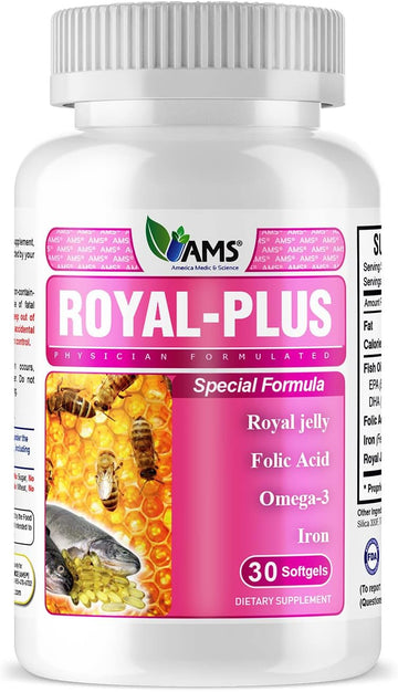 America Medic & Science Royal-Plus (30 Softgels) | Royal Jelly Prenatal Vitamins For Women | Iron Supplements With Fish Oil Omega-3 Fatty Acids And Folic Acid | Vital Nutrients For Pregnancy