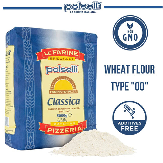 Classica, Tipo "00" Double Zero Flour Extra Fine, 11 Lbs (5 Kg), Neapolitan Italian Pizza, Bread, Pasta, And More, All Natural, Unbleached, Unbromated, No Additives, Polselli