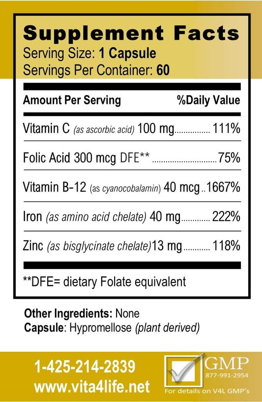 Vita4Life! Iron Support Plus - 40Mg Iron With Vitamin C, B-12, Folic Acid & Zinc - 60 Capsules - Non-Constipating Formula For Red Blood Cell Support & Energy - Vegetarian & Gmo-Free