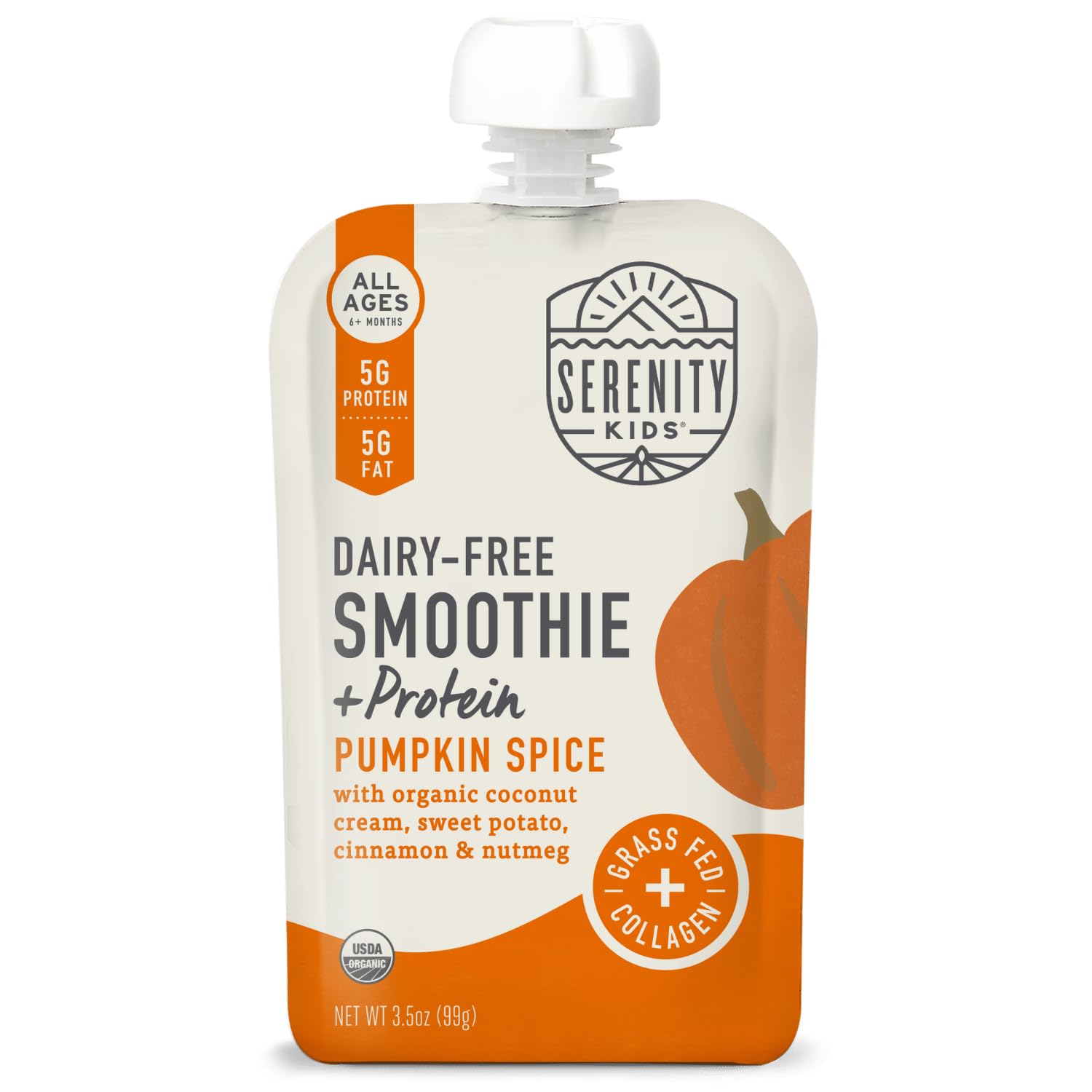 Serenity Kids 6+ Months Dairy-Free Smoothie Baby Food | Usda Organic | Grass Fed Collagen Protein | 3.5 Ounce Bpa-Free Pouch | Pumpkin Spice | 1 Count