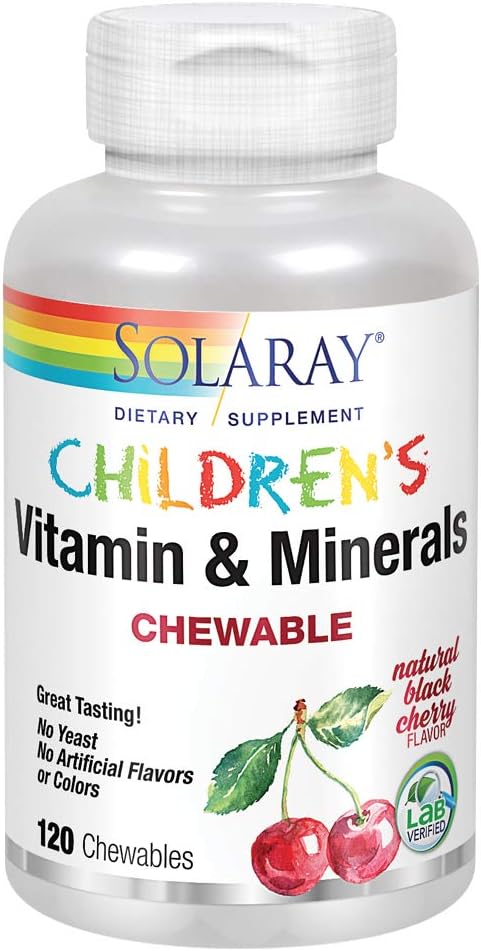 Solaray Childrens Vitamins & Minerals Complete Multivitamin for Kids Great Black Cherry avor (076280047974) (120 Chews, 60 Serv)