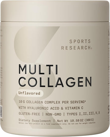 Sports Research Multi Collagen Protein Powder (Type I, Ii, Iii, V, X) With Hyaluronic Acid + Vitamin C | 5 Types Of Food Based Collagen, 30 Servings (Unflavored)