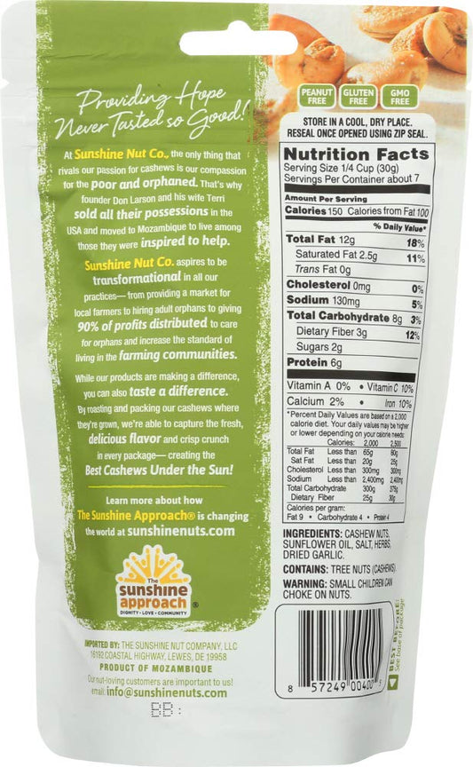 Sunshine Nut Company Whole Roasted Lightly Salted Cashews, Handful Of Herbs Flavor, Single 7 Oz. Bag, Gluten Free, Peanut Free And Vegan Individual Snack Packs For Kids And Adults, Gmo Free