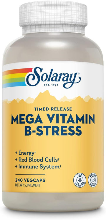 Solaray Mega Vitamin B-Stress - Timed Release Vitamin B Complex W/Vitamin B12, B6, Folic Acid, Vit. C - Stress, Energy, Red Blood Cell, Immune Support - Vegan, 60-Day Guarantee (240 Ct)