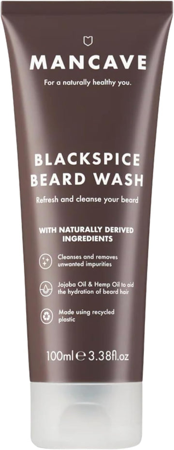 Mancave Blackspice Beard Wash, Refreshes And Cleanses Beard And Underneath Skin, With Jojoba Oil And Hemp Oil, Combat Beard Itch And Flakiness, Vegan Friendly, Made In The Uk, 100 Ml