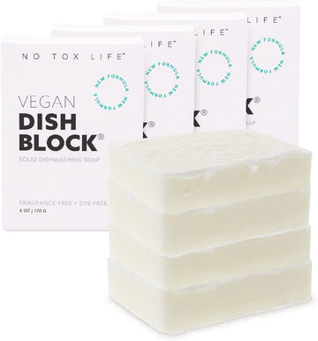 No Tox Life Vegan Dish Block, 6 Oz – A Solid Dish Soap For Effective Cleaning Of Dishes, Pots And Pans – Ultra-Concentrated Biodegradable Formula – Fragrance And Dye Free – 4 Pack