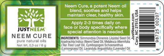 JustNeem Neem Cure Oil - Natural - Best on Acne, Psoriasis, Eczema, Rosacea, Cold Sores, Toe Nails, Bug and Spider Bites and Other Skin Irritations. with Dropper Cap Applicator. - 0.3 oz