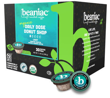 Beaniac Organic Daily Dose Donut Shop, Light Roast, Single Serve Compostable K Cup Coffee Pods, Organic Arabica Coffee, Keurig Brewer Compatible, 30 Count
