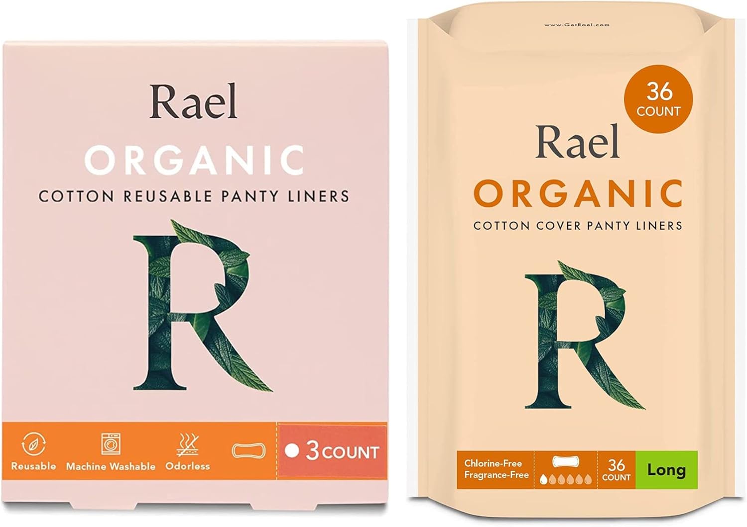 Rael Bundle - Reusable Pantyliners (Brown, 3 Count) & Organic Cotton Cover Long Liners (36 Count)