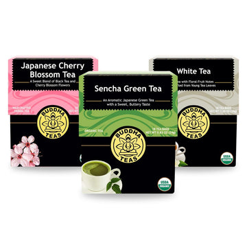 Buddha Teas - Organic Spring Tea Bundle - With Sencha Green Tea, White Tea & Japanese Cherry Blossom Tea - Antioxidants & Minerals - Light & Refreshing - Clean Ingredients - Ou Kosher & Non-Gmo - Pack Of 3