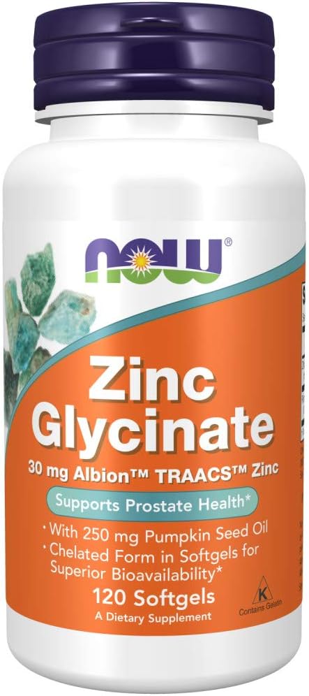 Now Supplements, Zinc Glycinate with 250 mg Pumpkin Seed Oil, Supports Prostate Health*, 120 Softgels