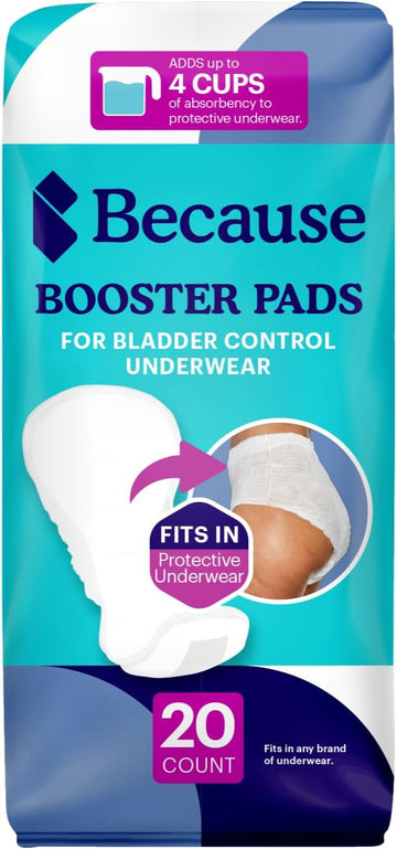 Because Premium Incontinence Booster Pads For Men And Women, Adds Extra Absorbency To Adult Diapers, Super Soft, Adhesive Strip Backing, Unisex, 20 Boosters